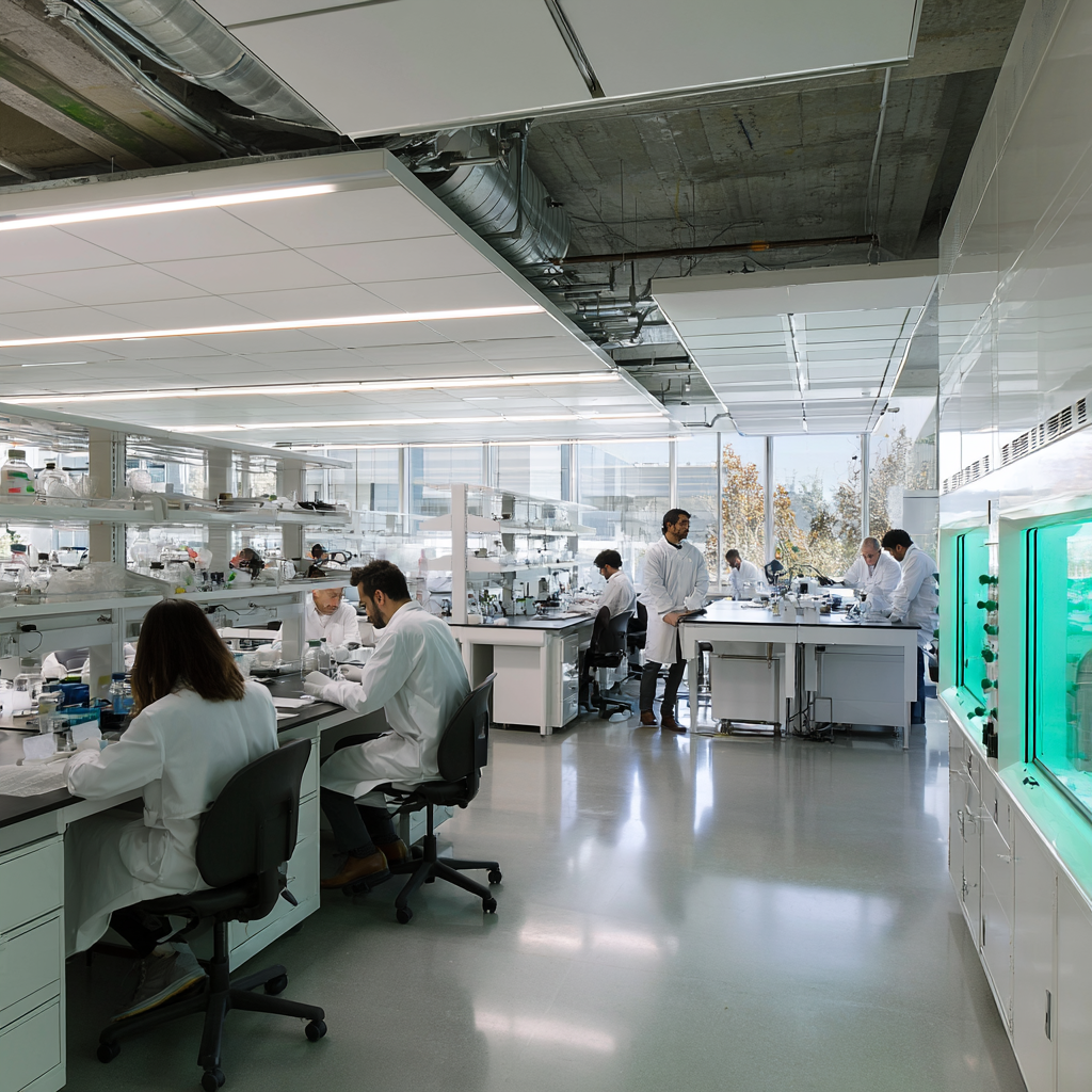 Researchers at work in a bright, modern research laboratory