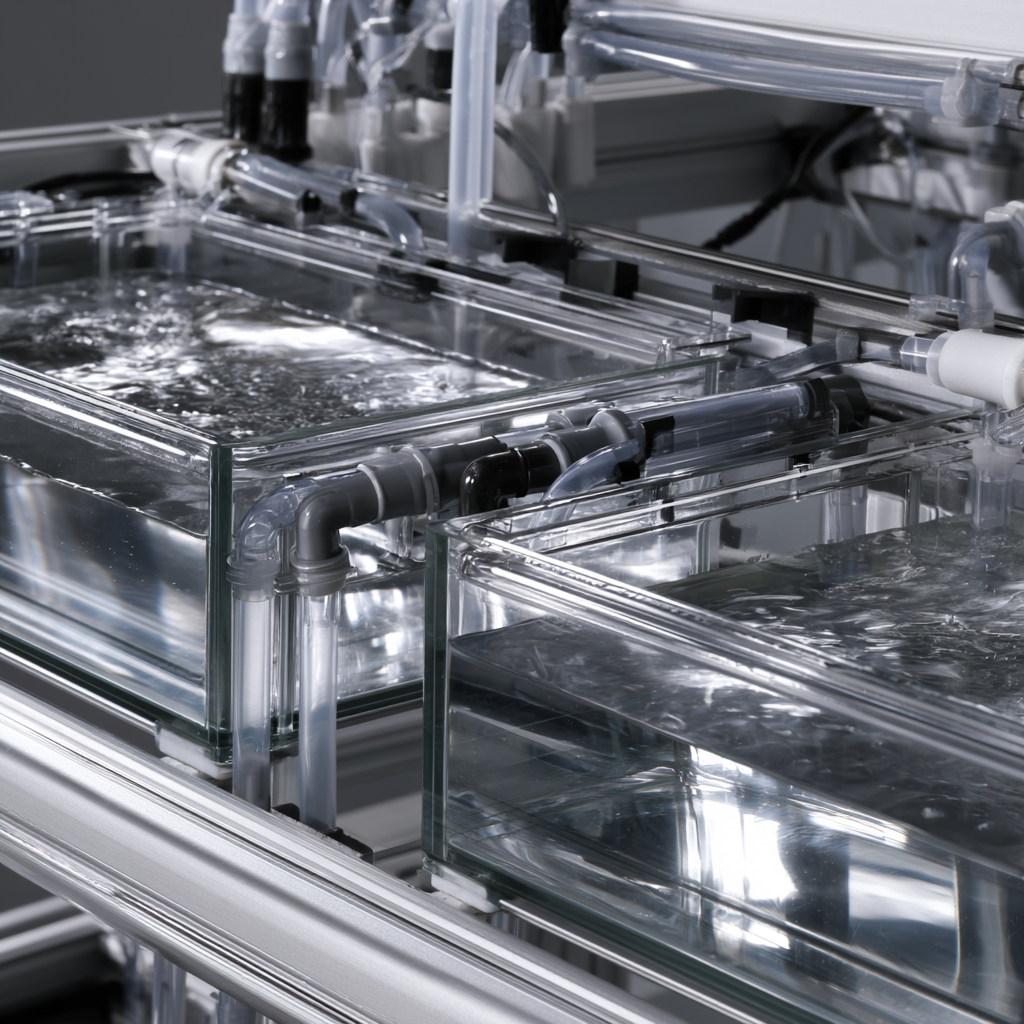A zebrafish rack manifold, clear tanks and filtration tubing