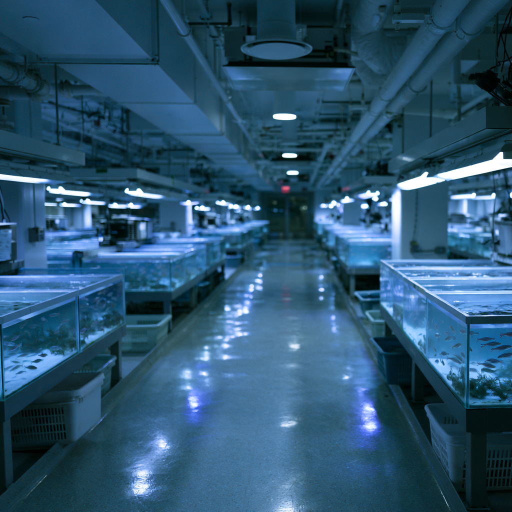 A room of illuminated zebrafish housing tanks